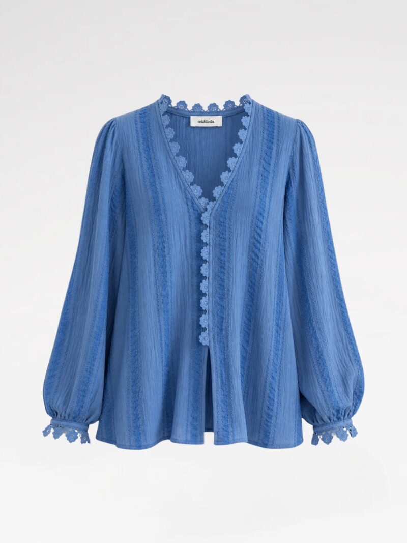 Cotton V-Neck Blouse with Crochet Trim