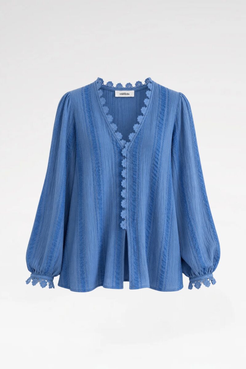 Cotton V-Neck Blouse with Crochet Trim