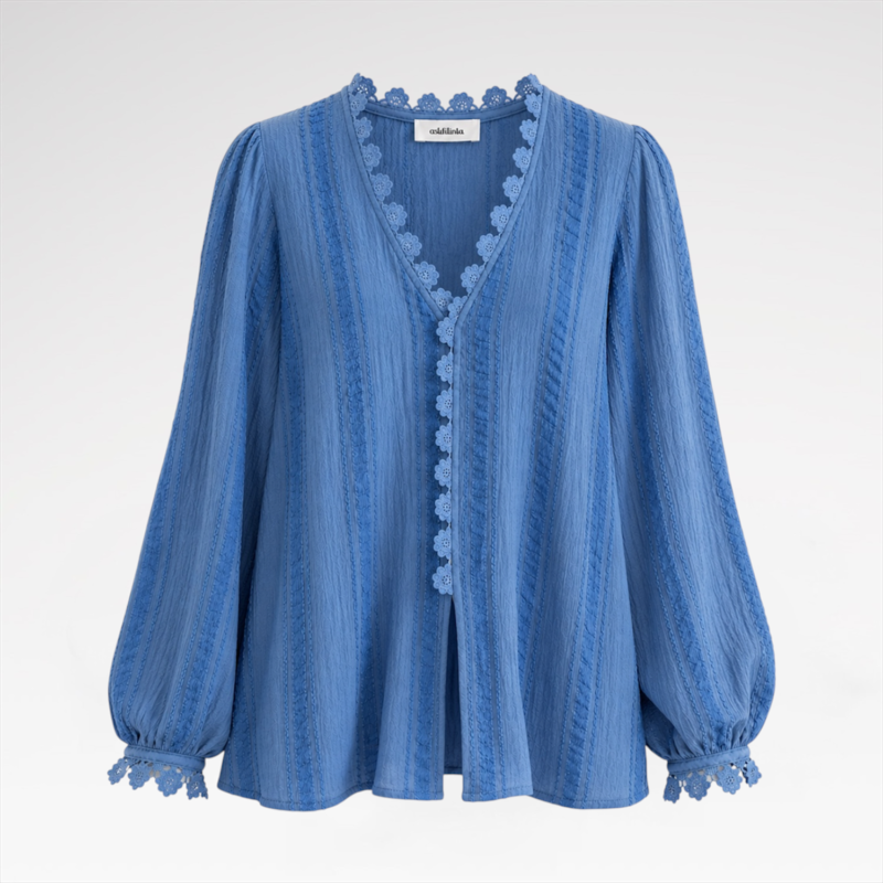 Cotton V-Neck Blouse with Crochet Trim