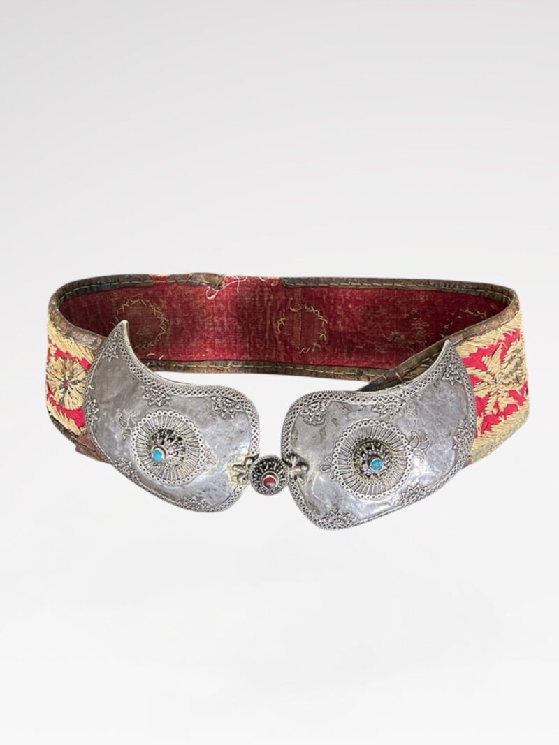 Antique Woven Belt with Silver Turquoise and Coral Buckle