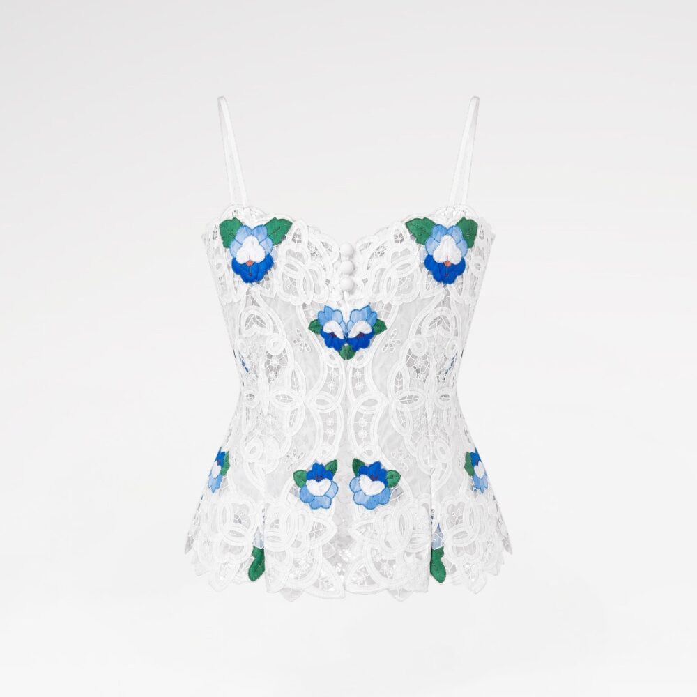 Hand-embroidered lace bustier top