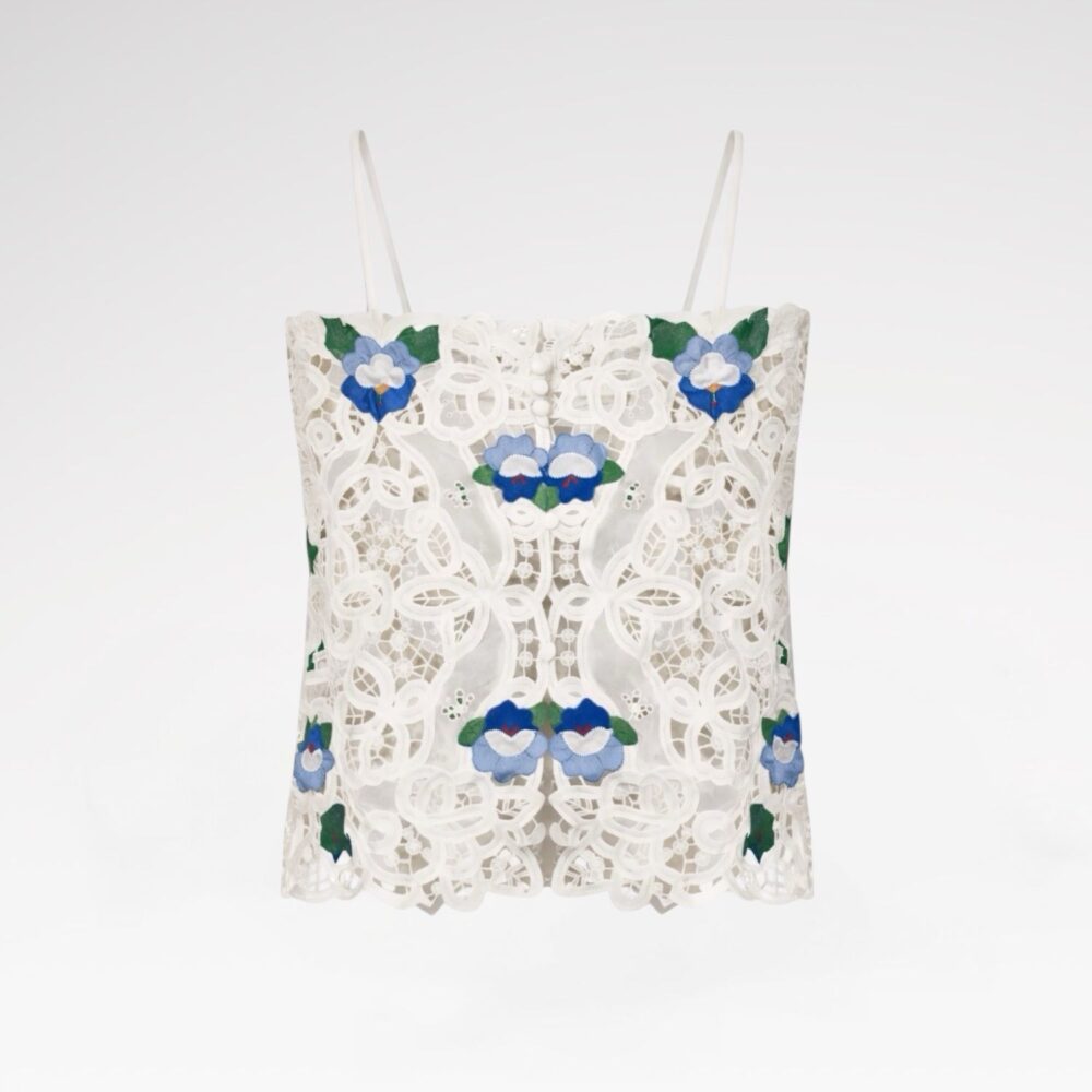 Hand-embroidered lace bustier top