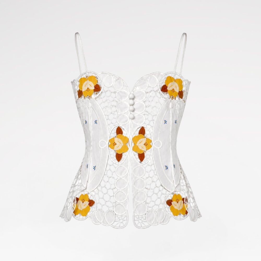 Hand-embroidered lace bustier top