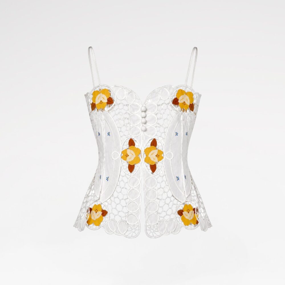 Hand-embroidered lace bustier top