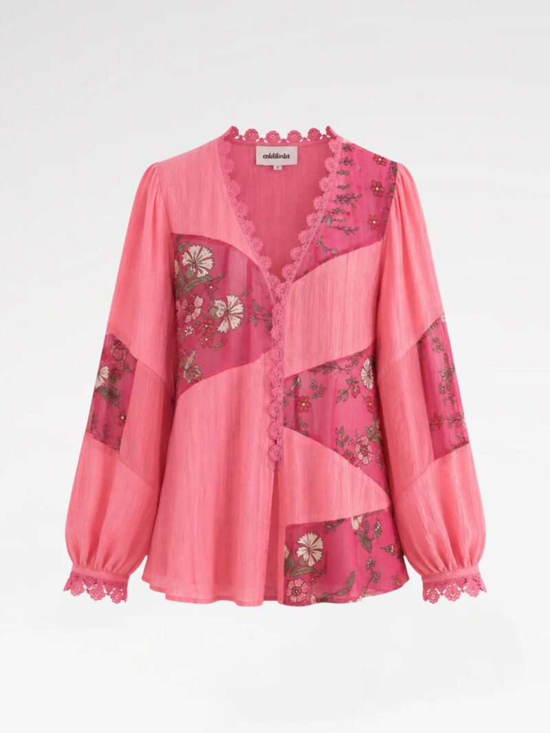 Floral-Panel Blouse with Crochet Trim