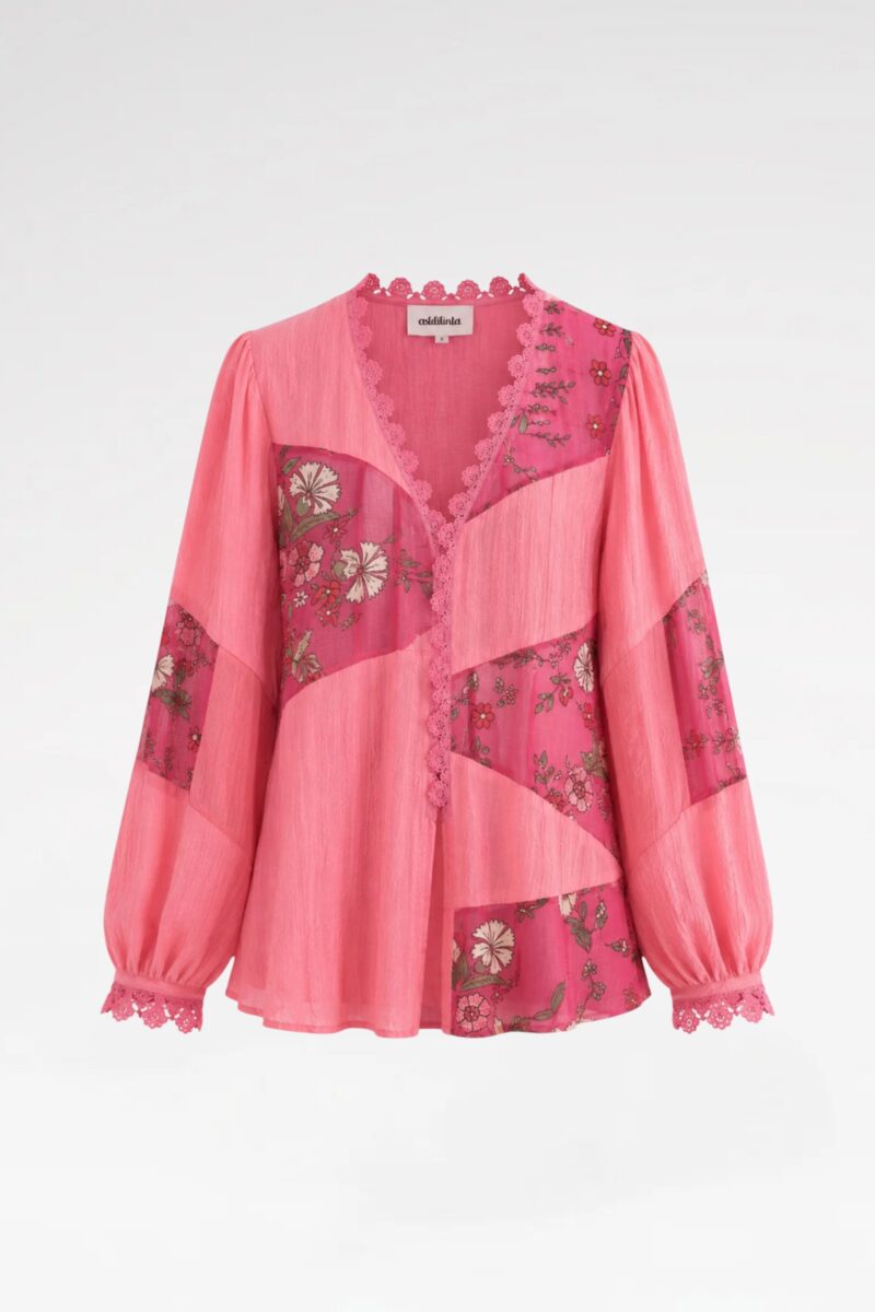 Floral-Panel Blouse with Crochet Trim