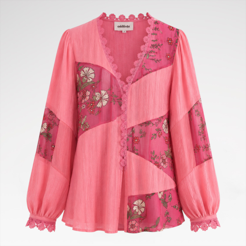 Floral-Panel Blouse with Crochet Trim
