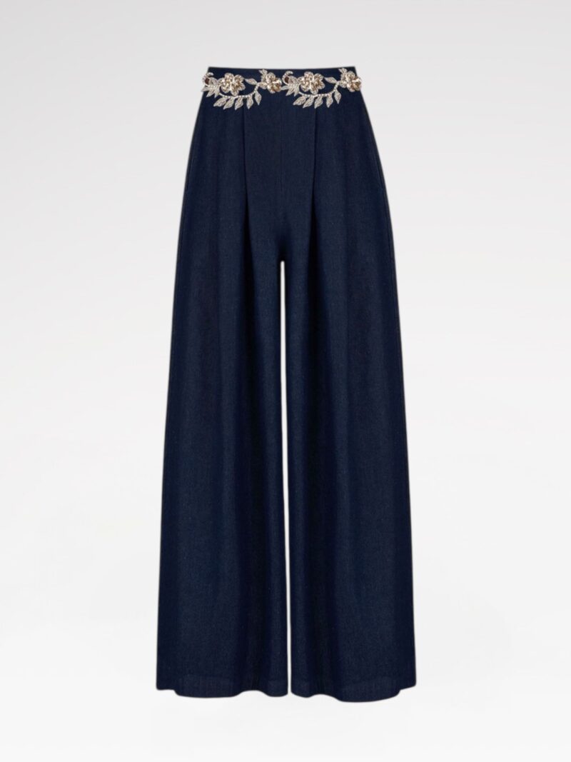 Hand-Embroidered Wide-Leg Denim Pants