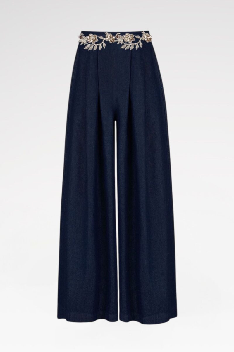 Hand-Embroidered Wide-Leg Denim Pants