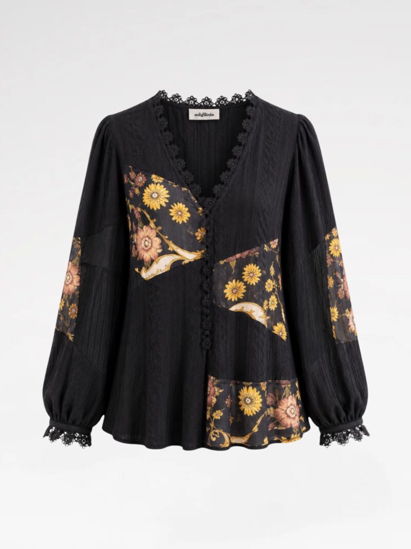 V-Neck Patchwork Blouse