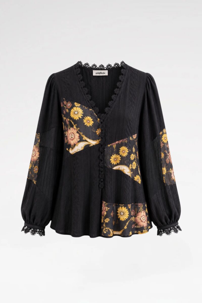 V-Neck Patchwork Blouse