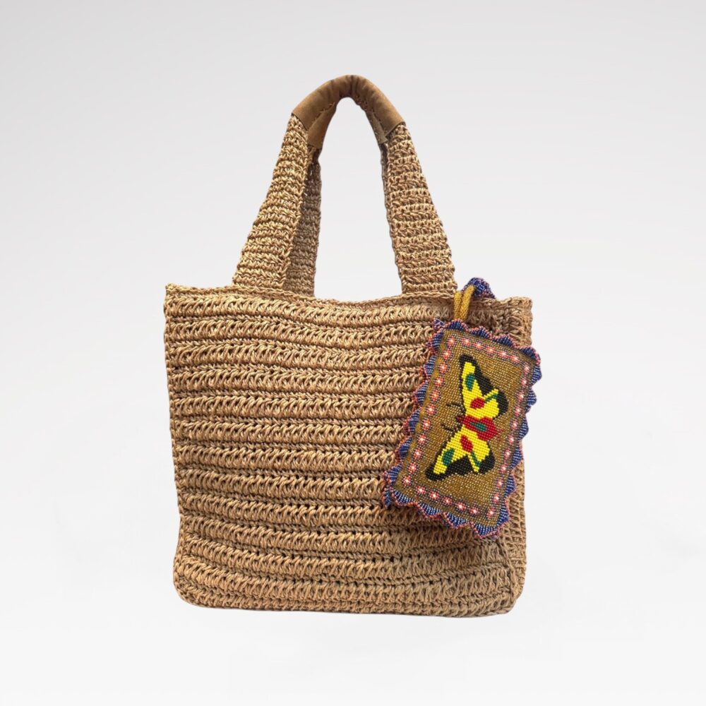 Suede top-handle straw bag