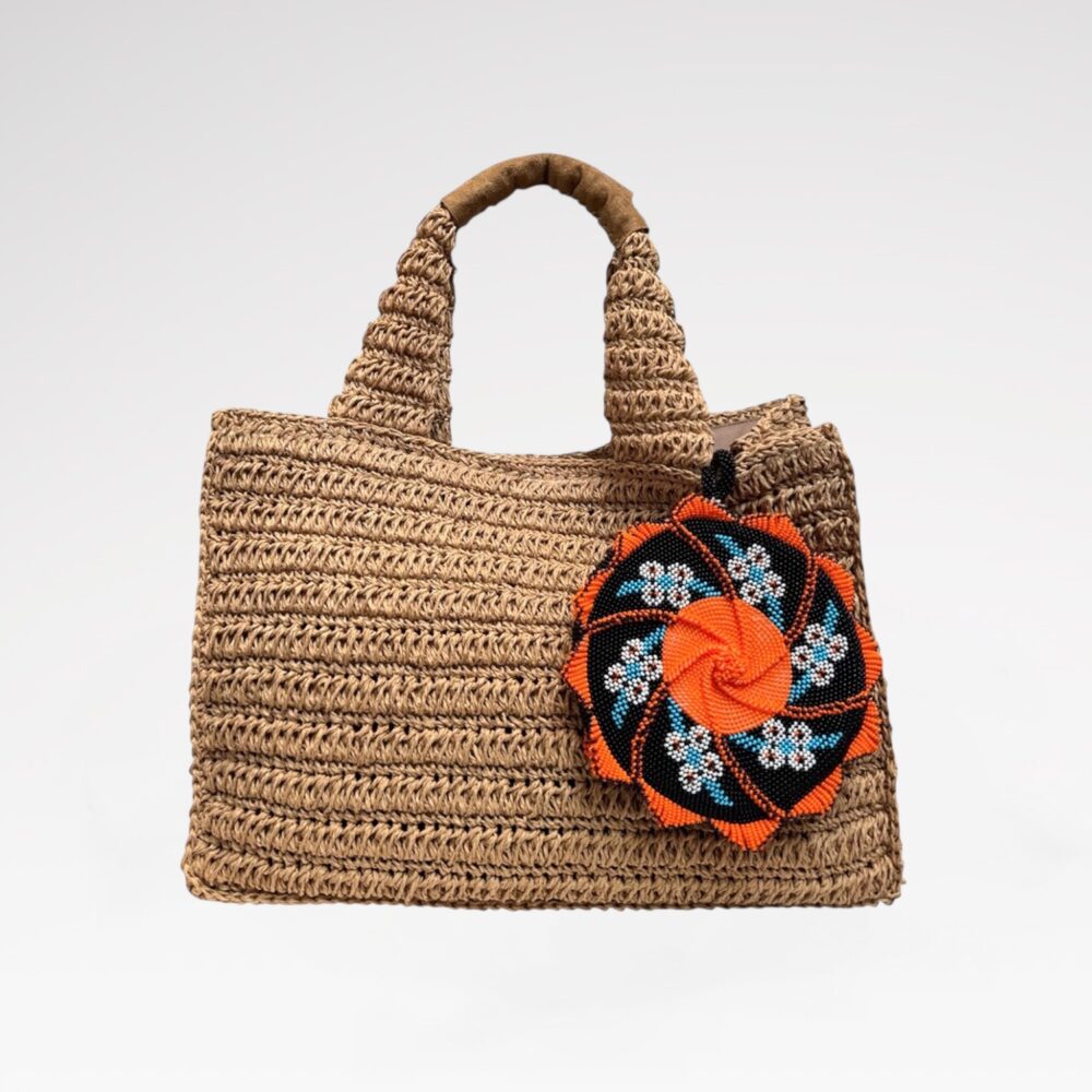 Suede top-handle straw bag