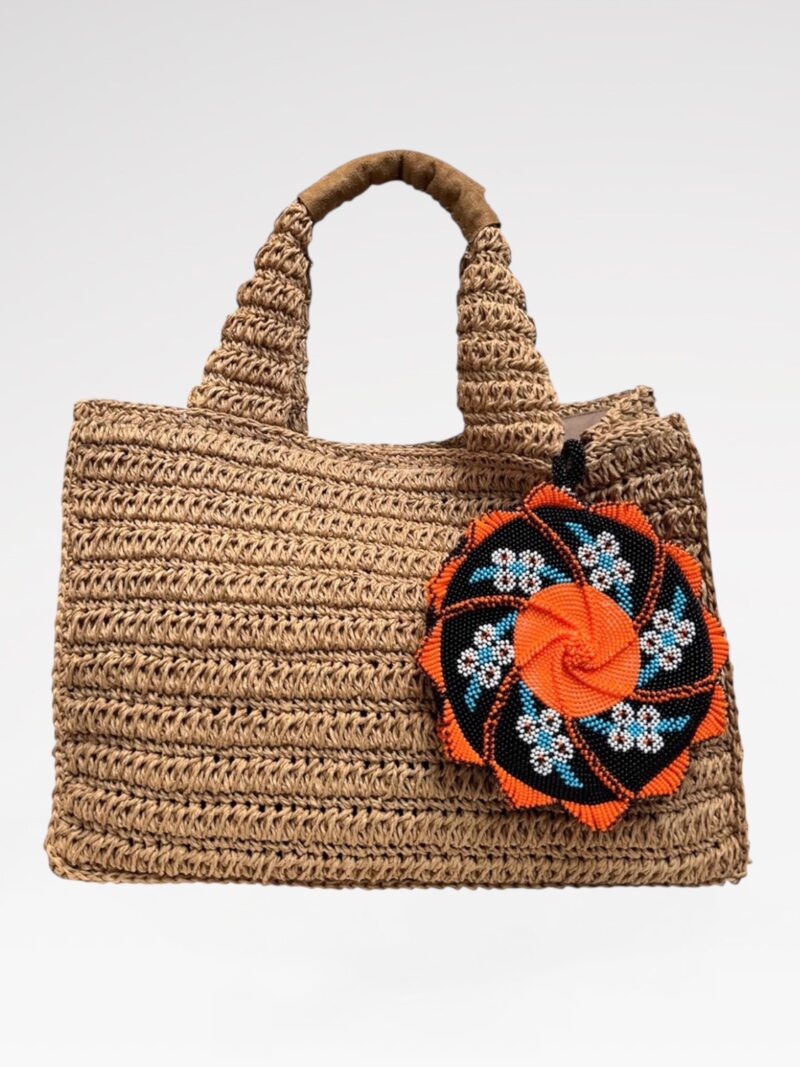 Suede top-handle straw bag