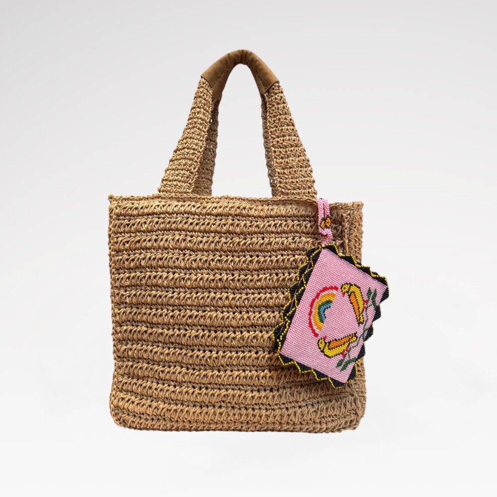 Suede top-handle straw bag
