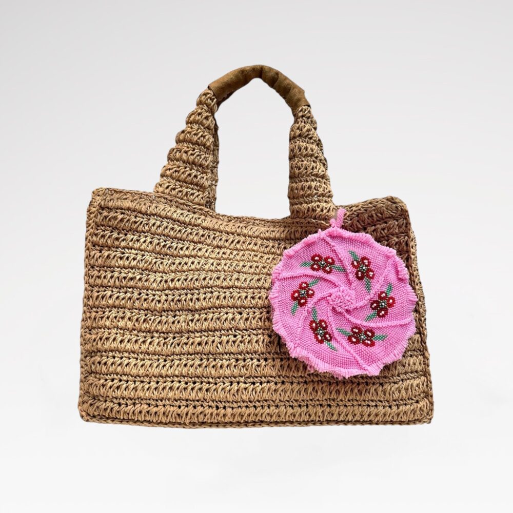 Suede top-handle straw bag