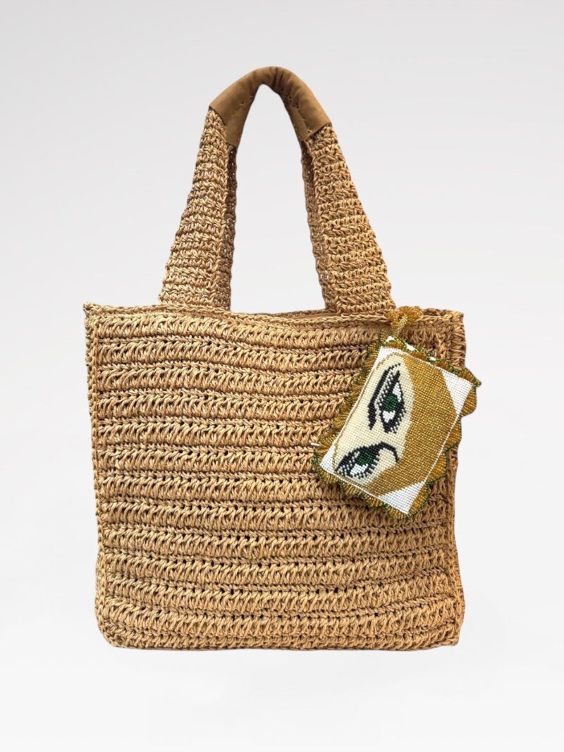 Suede top-handle straw bag