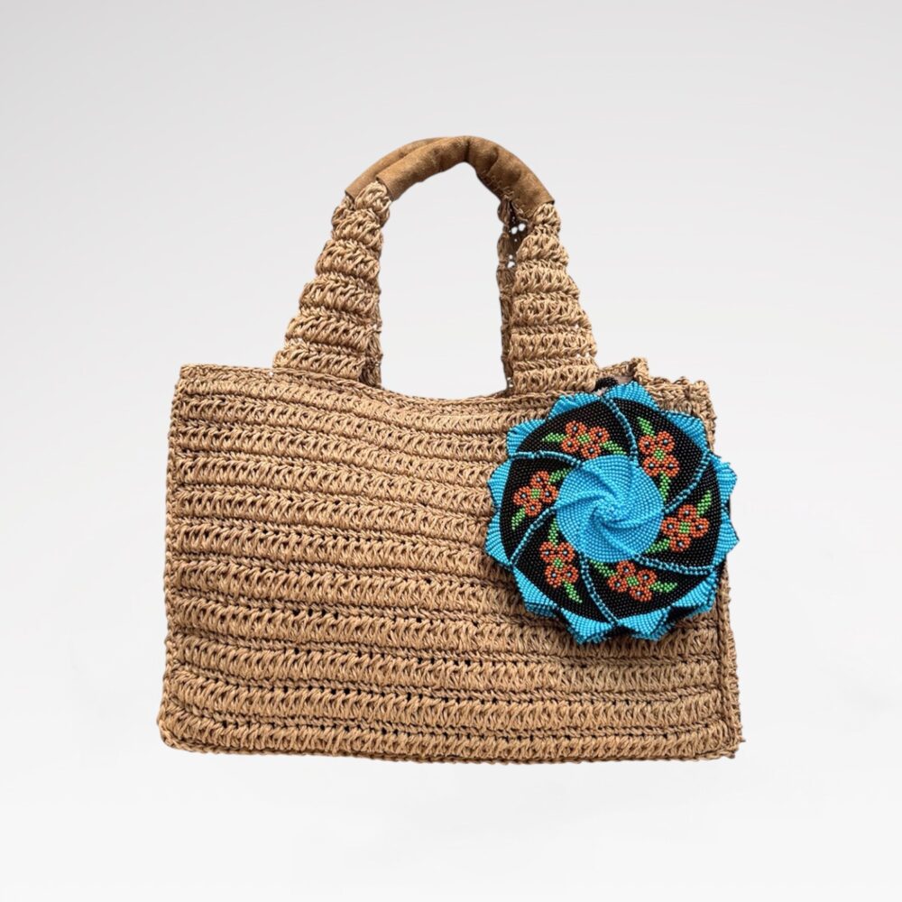 Suede top-handle straw bag