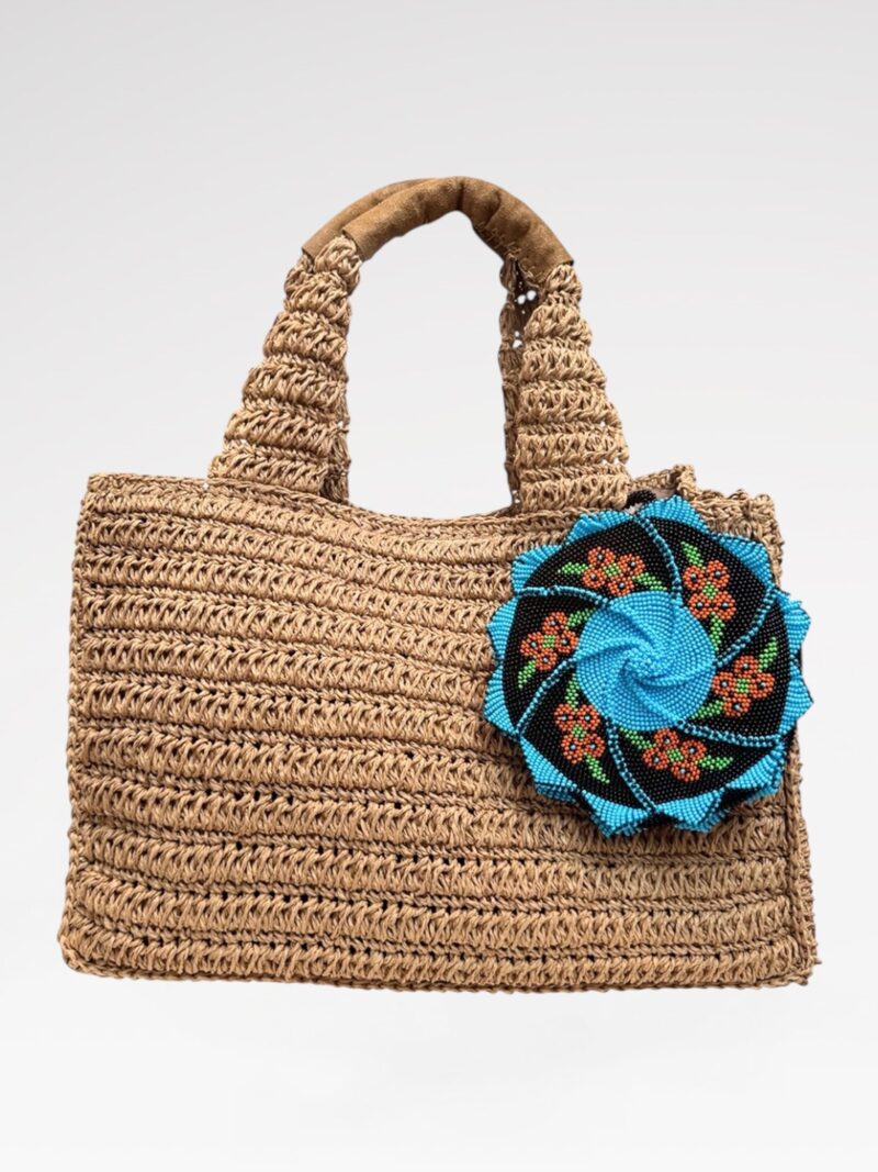 Suede top-handle straw bag