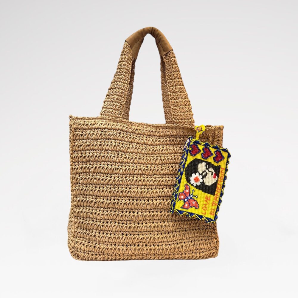 Suede top-handle straw bag