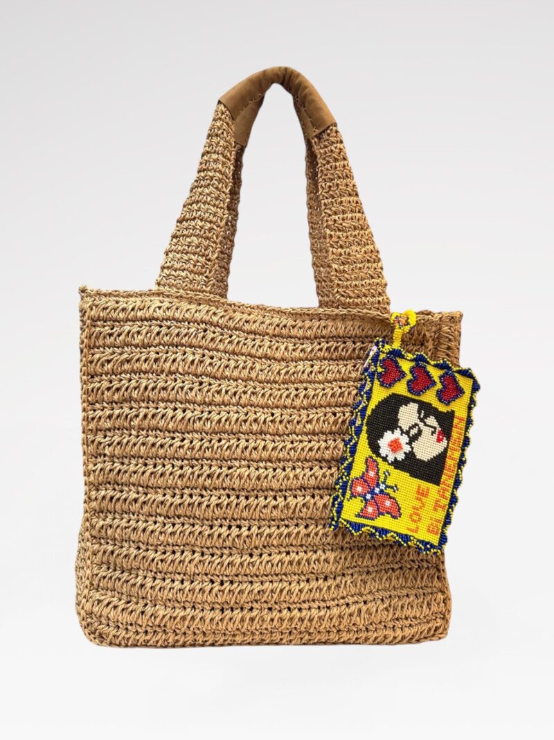 Suede top-handle straw bag