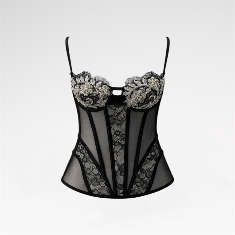 Hand-embroidered lace bustier