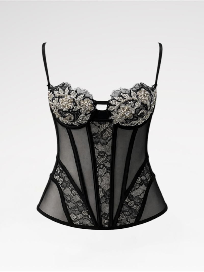 Silver Embroidered Black Mesh Corset