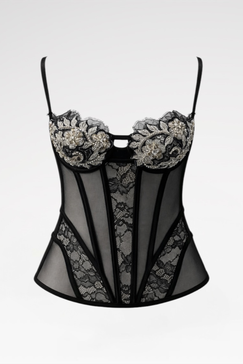 Silver Embroidered Black Mesh Corset