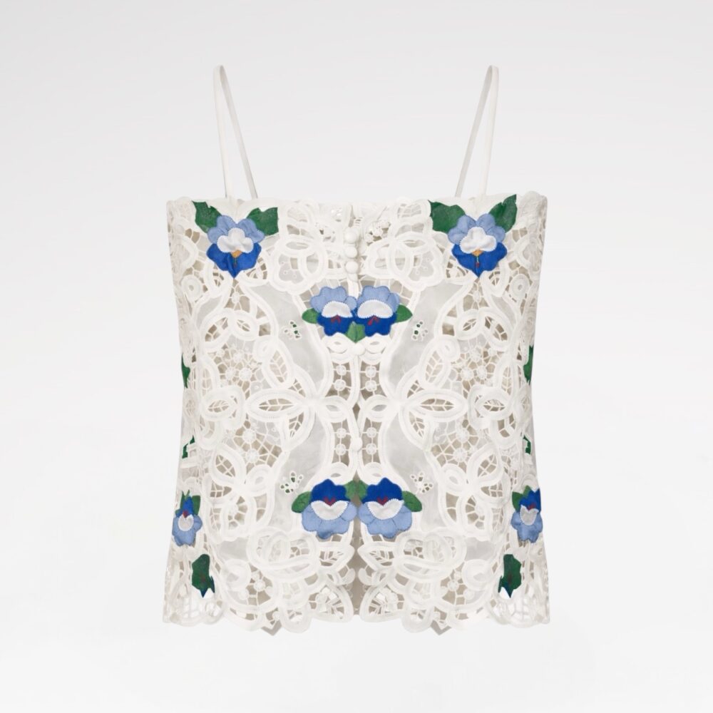 Hand-embroidered lace bustier top