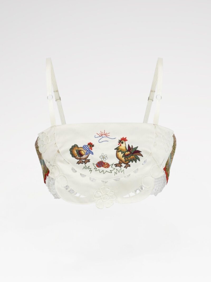 Rooster-Embroidered Lace Crop Top