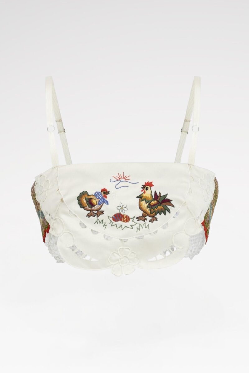 Rooster-Embroidered Lace Crop Top