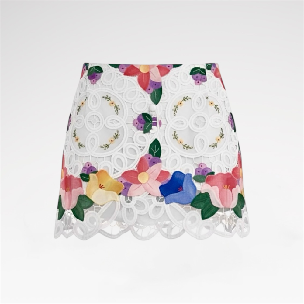 Hand-embroidered lace mini skirt