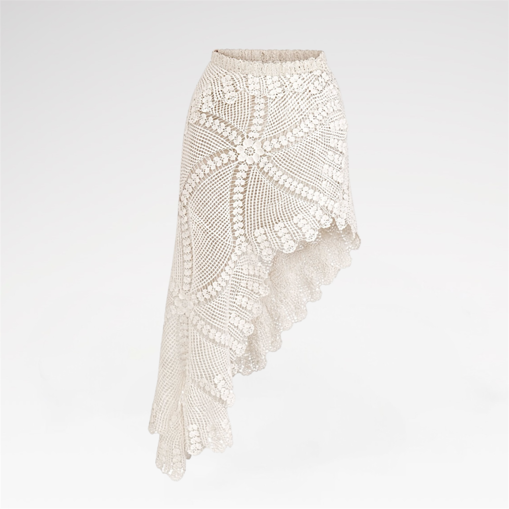Hand-embroidered lace asymmetric skirt