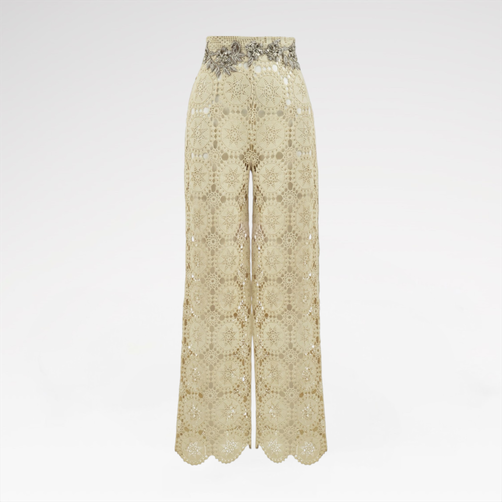 Hand-embroidered crochet pants