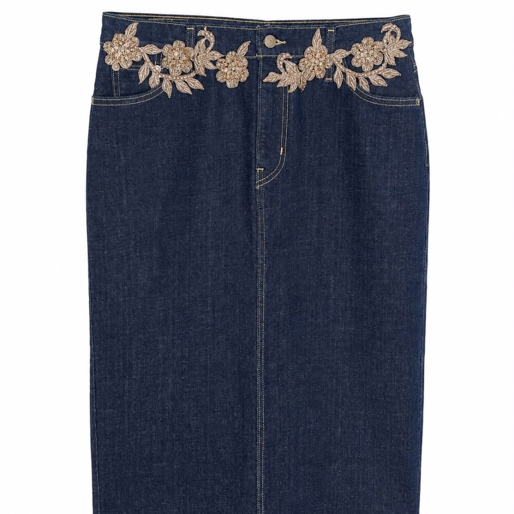 Hand-Embroidered Denim Skirt