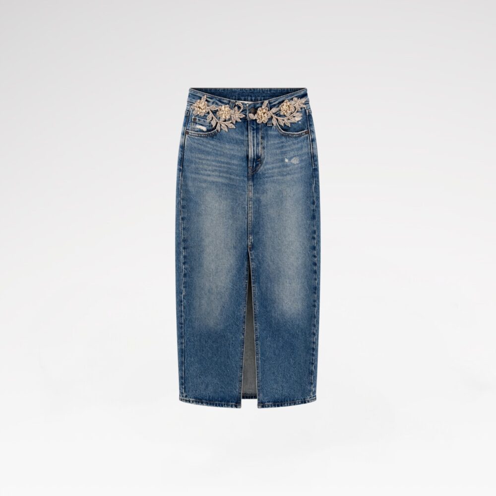 Hand-Embellished Denim Long Skirt