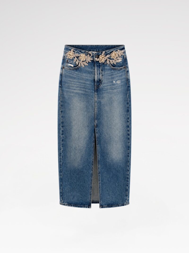 Hand-Embellished Denim Maxi Skirt
