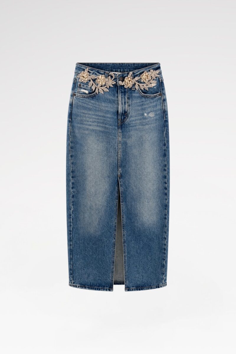 Hand-Embellished Denim Maxi Skirt