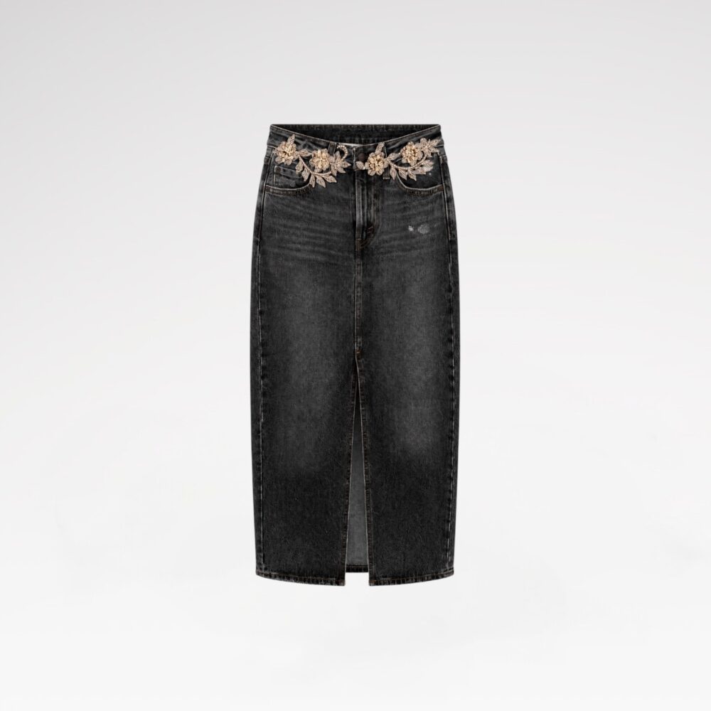 Hand-Embellished Denim Long Skirt
