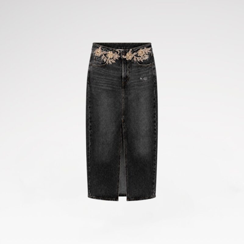 Hand-Embellished Denim Long Skirt
