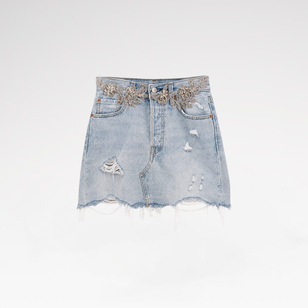 Hand-Embellished Denim Short Skirt