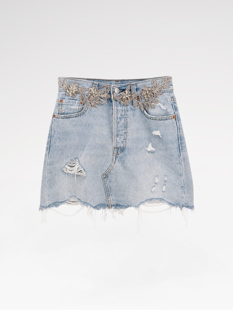 Hand-Embellished Denim Midi Skirt