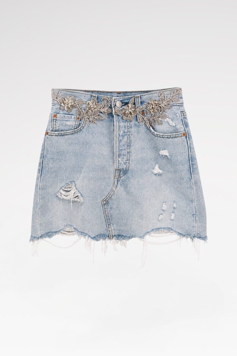 Hand-Embellished Denim Midi Skirt