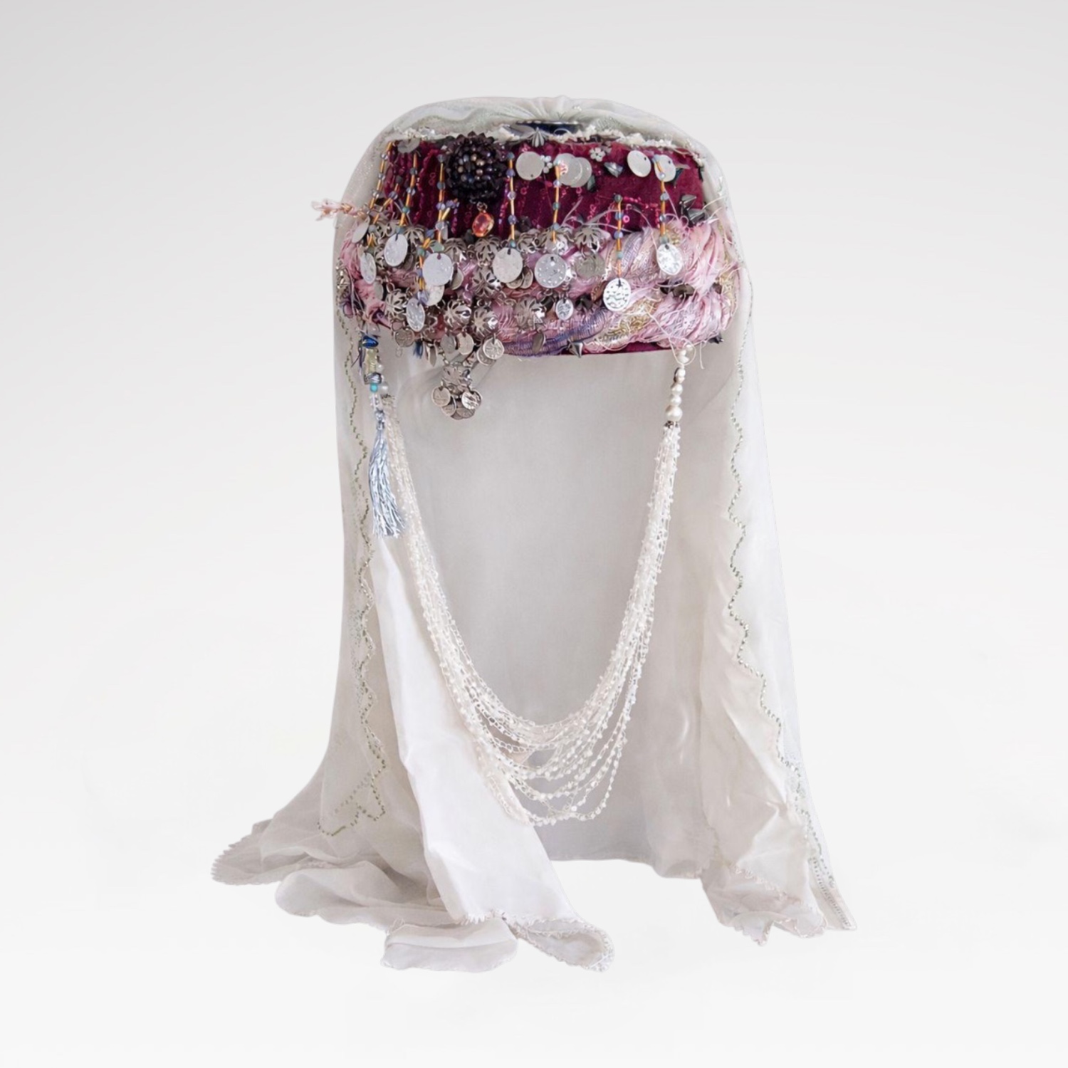 oak55-Sivas Bridal Fes Headpiece with Silver Coins and Pearl Drapes-front