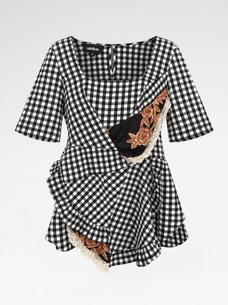 Asymmetric Gingham Wrap Tunic Blouse