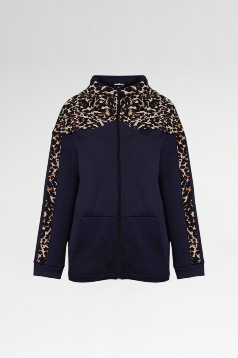 Leopard-Panel Zip-Up Hoodie