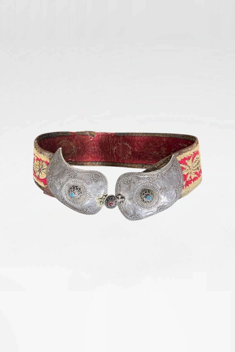 Antique Woven Belt with Silver Turquoise and Coral Buckle