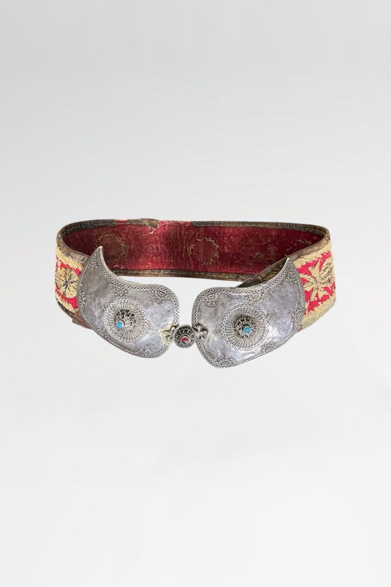Antique Woven Belt with Silver Turquoise and Coral Buckle