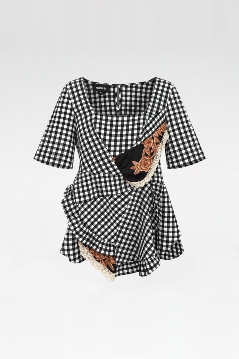 Asymmetric Gingham Wrap Tunic Blouse