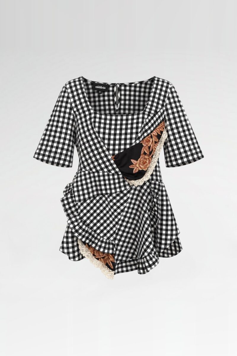 Asymmetric Gingham Wrap Tunic Blouse